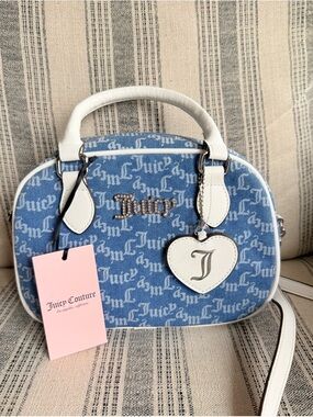 Juicy Couture Blue Denim Logo Satchel with White Trim and Heart Charm